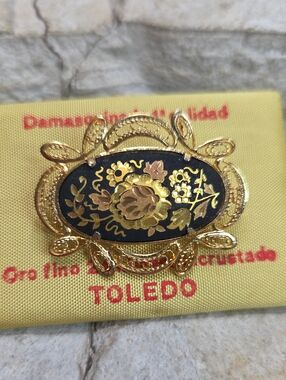 Vintage Toledo Damascene Brooch 24k gold plate and black Enamel Spain Dragon